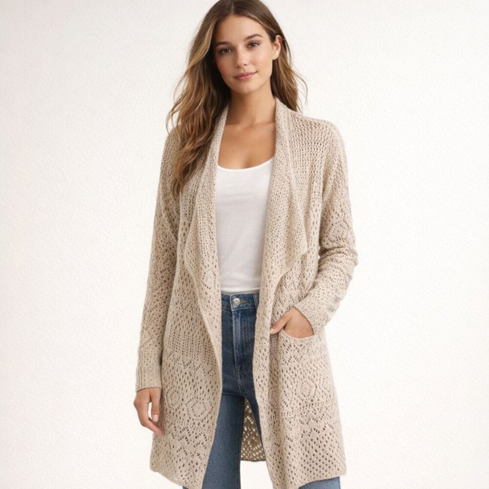 Billabong Crochet Knit Cardigan Duster Womens Size S Oatmeal Boho Chic Sweater